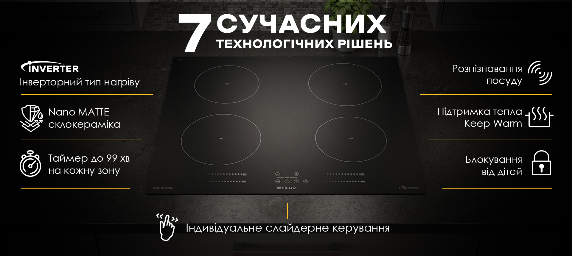 Індукційна варильна поверхня WEILOR WIS 643 BLACK NanoProtect з індивідуальним слайдерним керуванням та сучасними технологіями